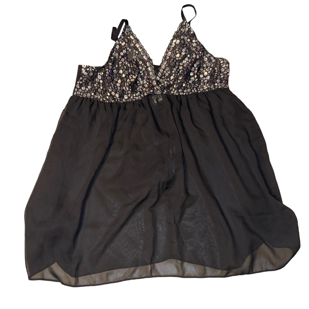 Cacique Babydoll Lingerie Set 18/20 Black‎ Silver Metallic Lace Sheer Mesh 2pc